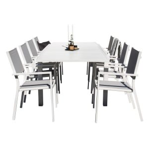 Matgrupp Utomhus – Venture Home Marbella Matbord 160/240×100 Vit + 8 Copacabana Karmstolar Vit/Grå