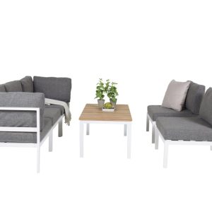 Loungegrupp Utomhus – Venture Home Copacabana Modulsoffa 2 Hörn + 3 Mitt + Brasilia Soffbord Vit/Grå/Natur inkl. dynor