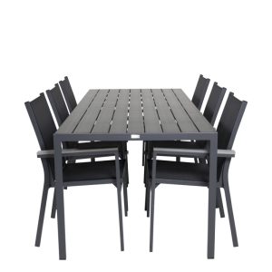 Matgrupp Utomhus – Venture Home Break Matbord 205×90 Svart + 6 Parma Karmstolar Svart/Grå