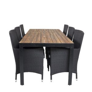 Matgrupp Utomhus – Venture Home Bois Matbord 200×100 Svart/Natur + 6 Malin Karmstolar Svart inkl. dynor