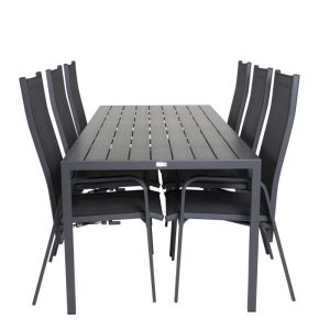 Matgrupp Utomhus – Venture Home Break Matbord 205×90 Svart + 6 Copacabana Positionsstolar Svart