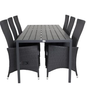 Matgrupp Utomhus – Venture Home Break Matbord 205×90 Svart + 6 Padova Positionsstolar Svart