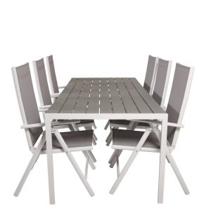 Matgrupp Utomhus – Venture Home Break Matbord 205×90 Vit/Grå + 6 Break Positionsstolar Vit