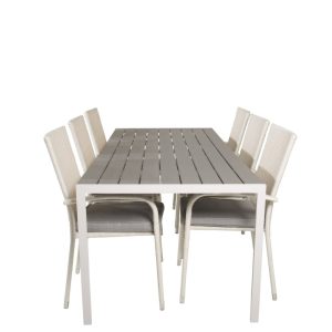 Matgrupp Utomhus – Venture Home Break Matbord 205×90 Vit/Grå + 6 Anna Karmstolar Vit