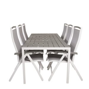 Matgrupp Utomhus – Venture Home Break Matbord 205×90 Vit/Grå + 6 Albany Positionsstolar Vit/Grå
