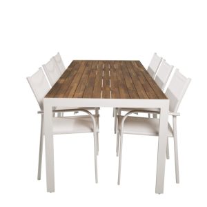 Matgrupp Utomhus – Venture Home Bois Matbord 200×100 Vit/Natur + 6 Santorini Karmstolar Vit