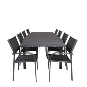 Matgrupp Utomhus – Venture Home Marbella Matbord 160/240×100 Svart + 8 Santorini Karmstolar Svart