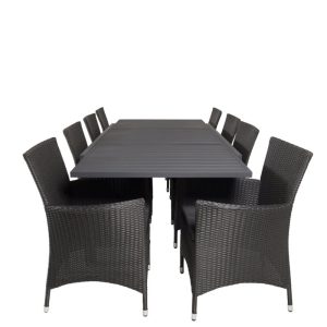 Matgrupp Utomhus – Venture Home Marbella Matbord 160/240×100 Svart + 8 Knick Karmstolar Svart inkl. dynor