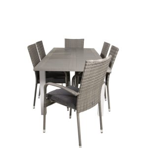 Matgrupp Utomhus – Venture Home Albany Matbord 152/210×90 Vit/Grå + 6 Anna Karmstolar Grå