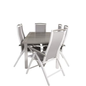 Matgrupp Utomhus – Venture Home Albany Matbord 152/210×90 Vit/Grå + 6 Albany Positionsstolar Vit/Grå