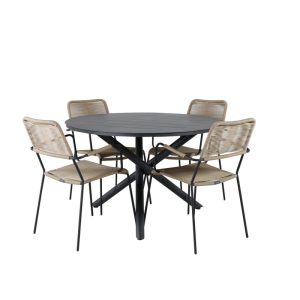 Matgrupp Utomhus – Venture Home Alma Runt Matbord Ø120 Svart + 4 Lindos Karmstolar Svart/Brun