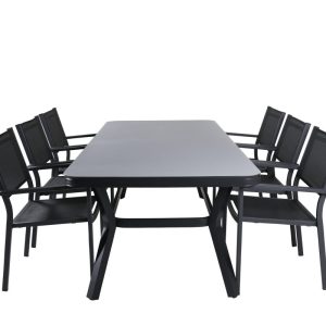 Matgrupp Utomhus – Venture Home Virya Matbord 200×100 Svart/Grå + 6 Copacabana Karmstolar Svart