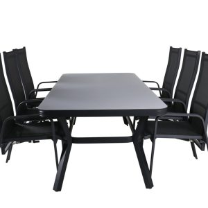 Matgrupp Utomhus – Venture Home Virya Matbord 200×100 Svart/Grå + 6 Copacabana Positionsstolar Svart