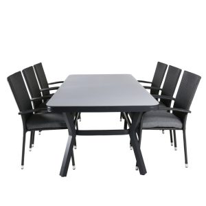 Matgrupp Utomhus – Venture Home Virya Matbord 200×100 Svart/Grå + 6 Anna Karmstolar Svart/Grå