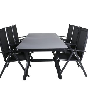 Matgrupp Utomhus – Venture Home Virya Matbord 200×100 Svart/Grå + 6 Break Positionsstolar Svart