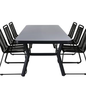 Matgrupp Utomhus – Venture Home Virya Matbord 200×100 Svart/Grå + 6 Lindos Matstolar Svart