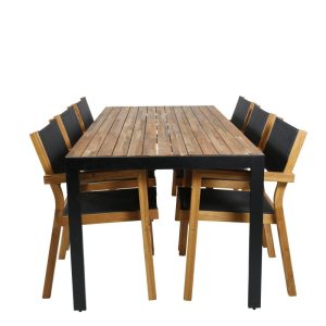 Matgrupp Utomhus – Venture Home Bois Matbord 205×90 Svart/Natur + 6 Venedig Karmstolar Natur/Svart