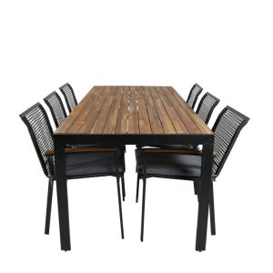 Matgrupp Utomhus – Venture Home Bois Matbord 205×90 Svart/Natur + 6 Dallas Karmstolar inkl. dynor