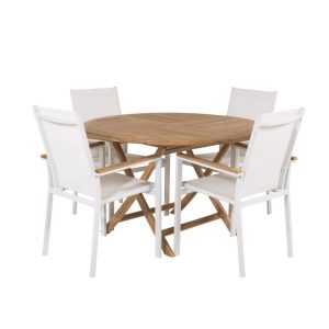 Matgrupp Utomhus – Venture Home Kenya Runt Matbord Ø120 Natur + 4 Texas Karmstolar Vit/Natur