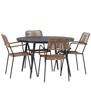 Matgrupp Utomhus – Venture Home Break Runt Matbord Ø120 Svart + 4 Lindos Karmstolar Svart/Brun