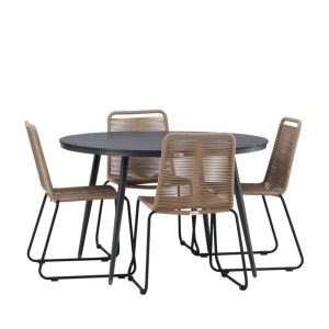 Matgrupp Utomhus – Venture Home Break Runt Matbord Ø120 Svart + 4 Lindos Matstolar Svart/Brun