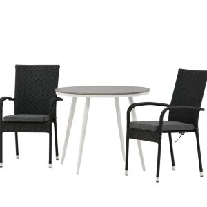 Matgrupp Utomhus – Venture Home Break Runt Matbord Ø90 Vit/Grå + 2 Anna Karmstolar Svart