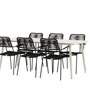 Matgrupp Utomhus – Venture Home Lina Matbord 200×90 Beige + 6 Lindos Karmstolar Svart