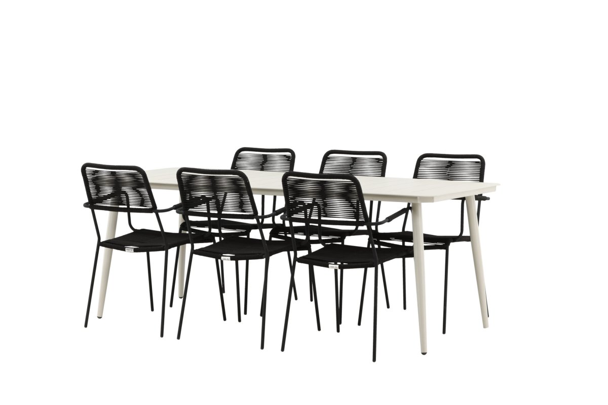 Matgrupp Utomhus – Venture Home Lina Matbord 200×90 Beige + 6 Lindos Karmstolar Svart
