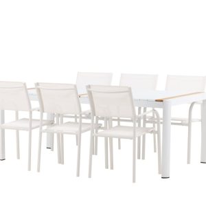 Matgrupp Utomhus – Venture Home Togo Matbord 200×100 Vit/Natur + 6 Santorini Matstolar Vit