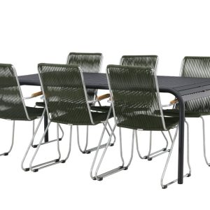 Matgrupp Utomhus – Venture Home Borneo Matbord 100×200 Svart + 6 Bois Matstolar Silver/Grön