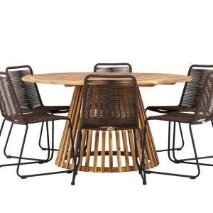 Matgrupp Utomhus – Venture Home Tucumán Runt Matbord Ø150 Natur + 6 Lindos Matstolar Brun