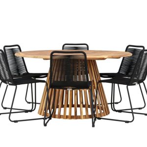 Matgrupp Utomhus – Venture Home Tucumán Runt Matbord Ø150 Natur + 6 Lindos Matstolar Svart