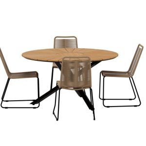 Matgrupp Utomhus – Venture Home Mexiko Runt Matbord Ø140 Svart/Natur + 4 Lindos Matstolar Svart/Beige