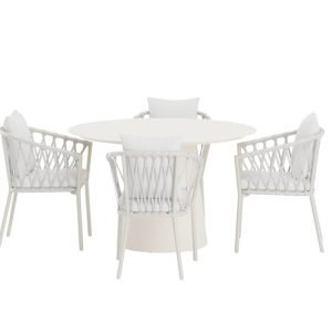 Matgrupp Utomhus – Venture Home Lanzo Runt Matbord Ø120 Beige + 4 Linos Matstolar Vit inkl. dynor