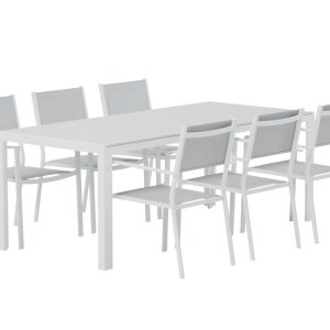 Matgrupp Utomhus – Venture Home Break Matbord 205×90 Vit + 6 Copacabana Matstolar Grå